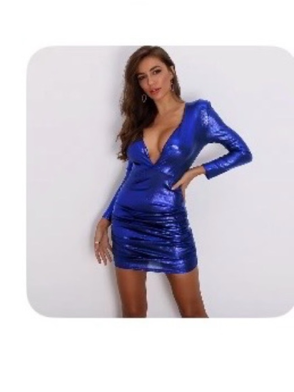 Shimmering Navy Long-Sleeve V-Neck Ruched Dress - Picture 6 of 6